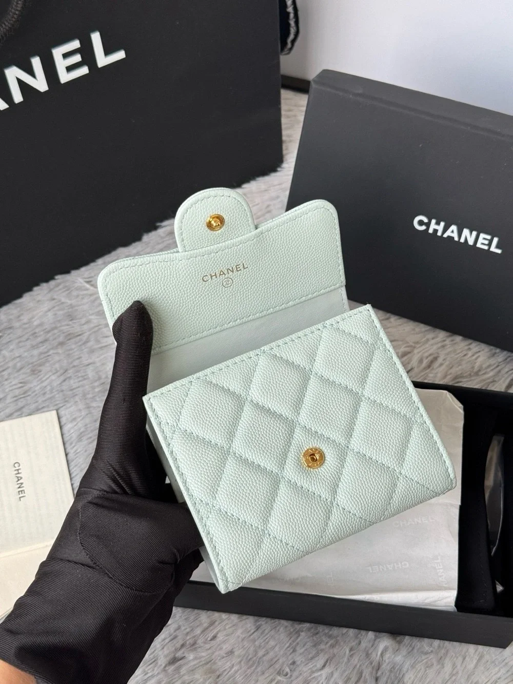 CHANEL Mint Quilted Leather Compact Wallet with Gold CC